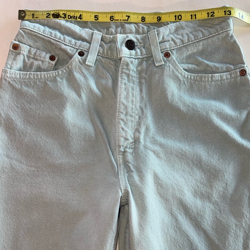 ‘93 Vintage LEVI’s 512 Slim Fit High-Rise Tapered Leg Green Jeans (W25/26 L31) - Picture 7 of 17